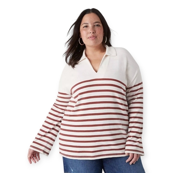 Lane Bryant White And Brown Striped Relaxed Collar Notch-Neck Shirt - Picture 1 of 8